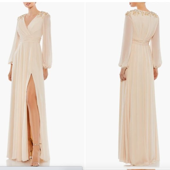 MAC DUGGAL 55694 EMBELLISHED SHOULDER BLOUSON SLEEVE PORCELAIN GOWN sz 16 - Picture 1 of 5